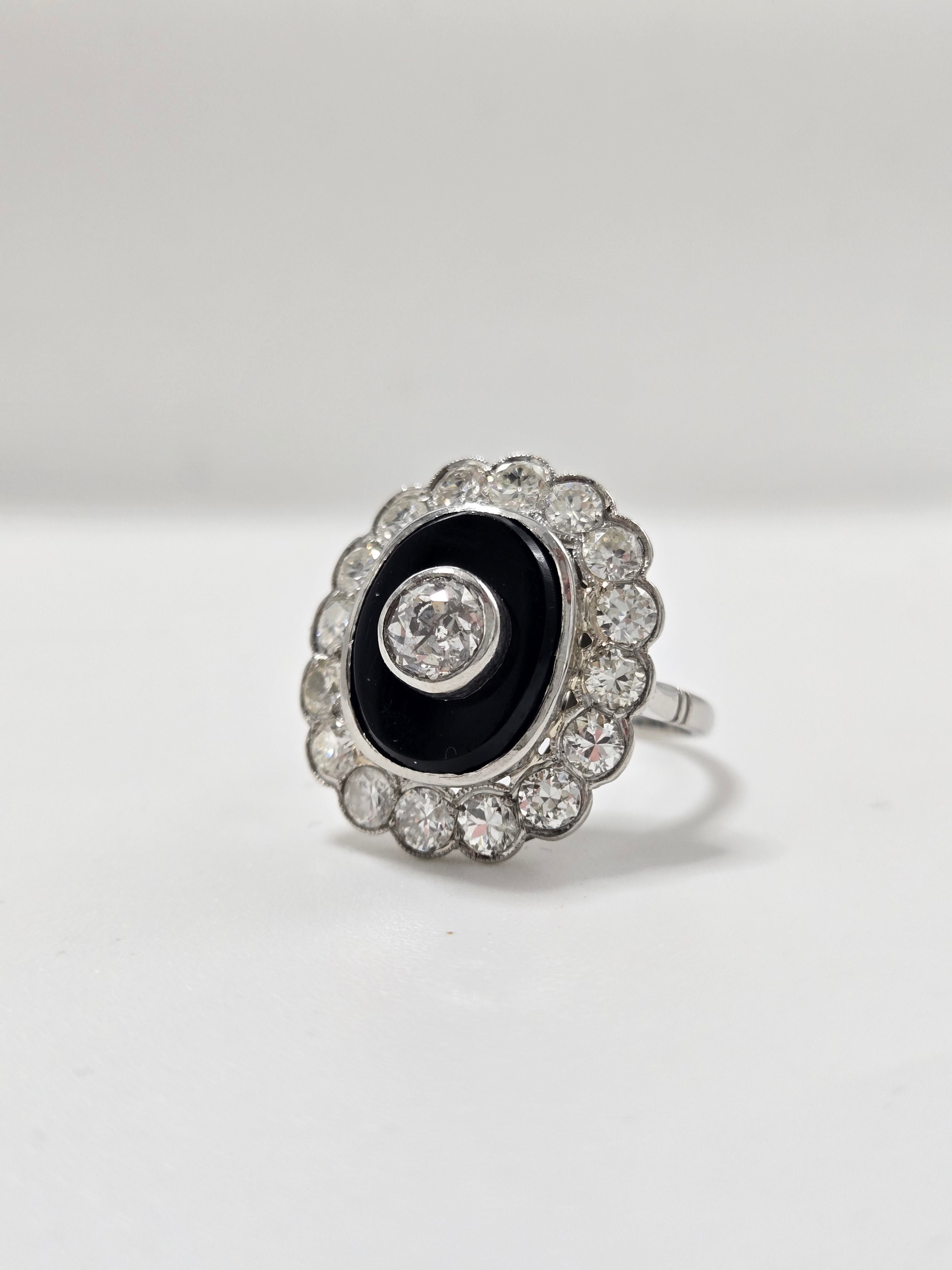 Bague en platine onyx et diamants taille ancienne 1,7 carat – bague Art Déco