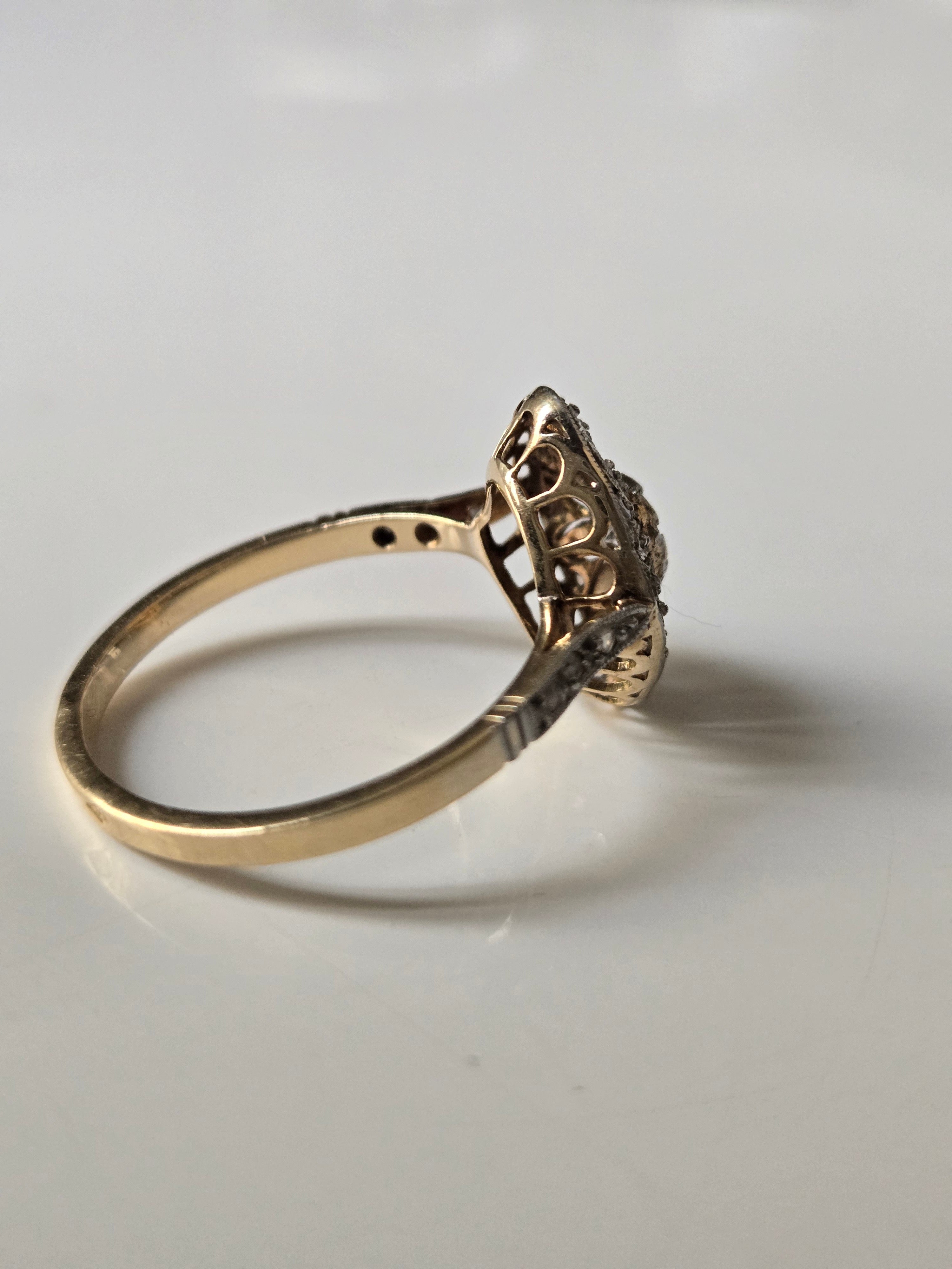 Bague Art Déco en or jaune et platine diamant taille moderne et diamants taille rose