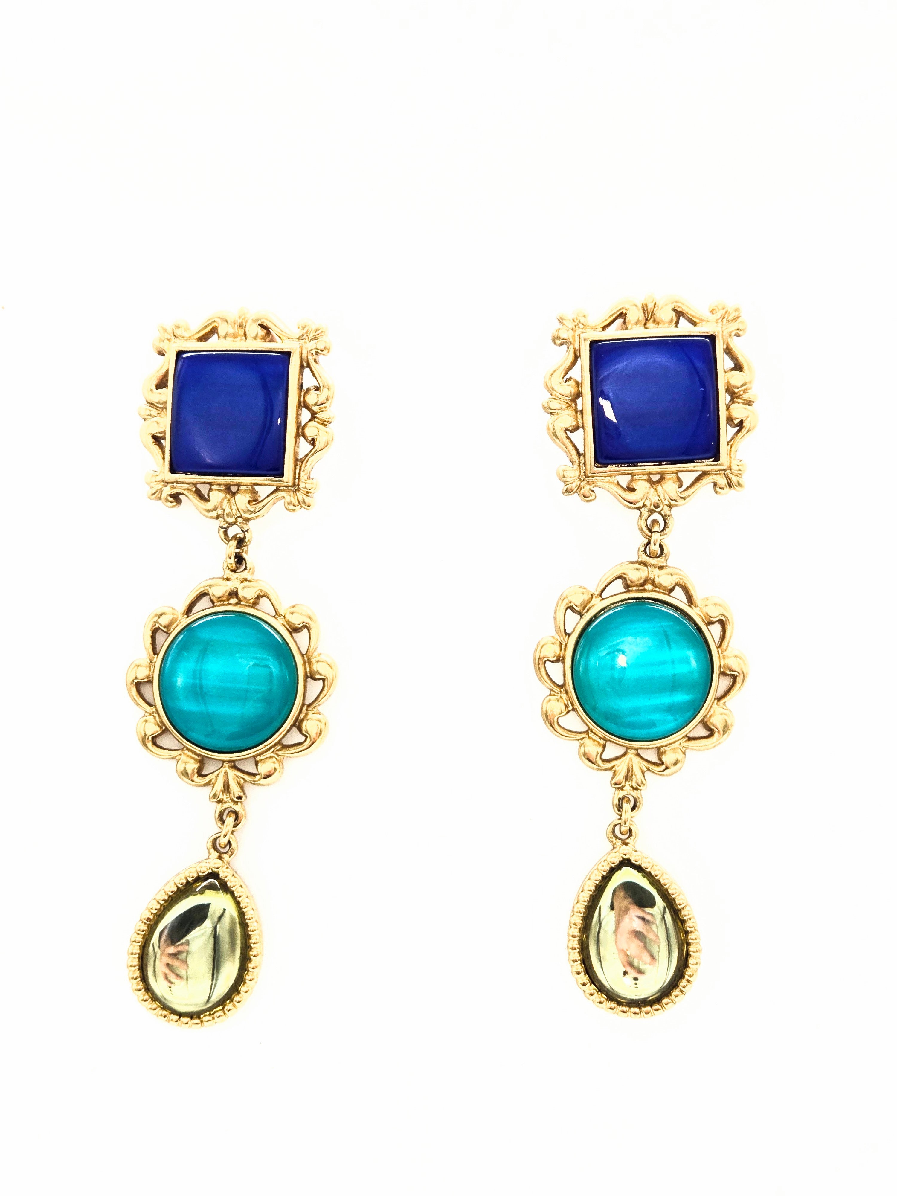 Boucles d’oreilles clips Yves Saint Laurent cadres bleu pendantes