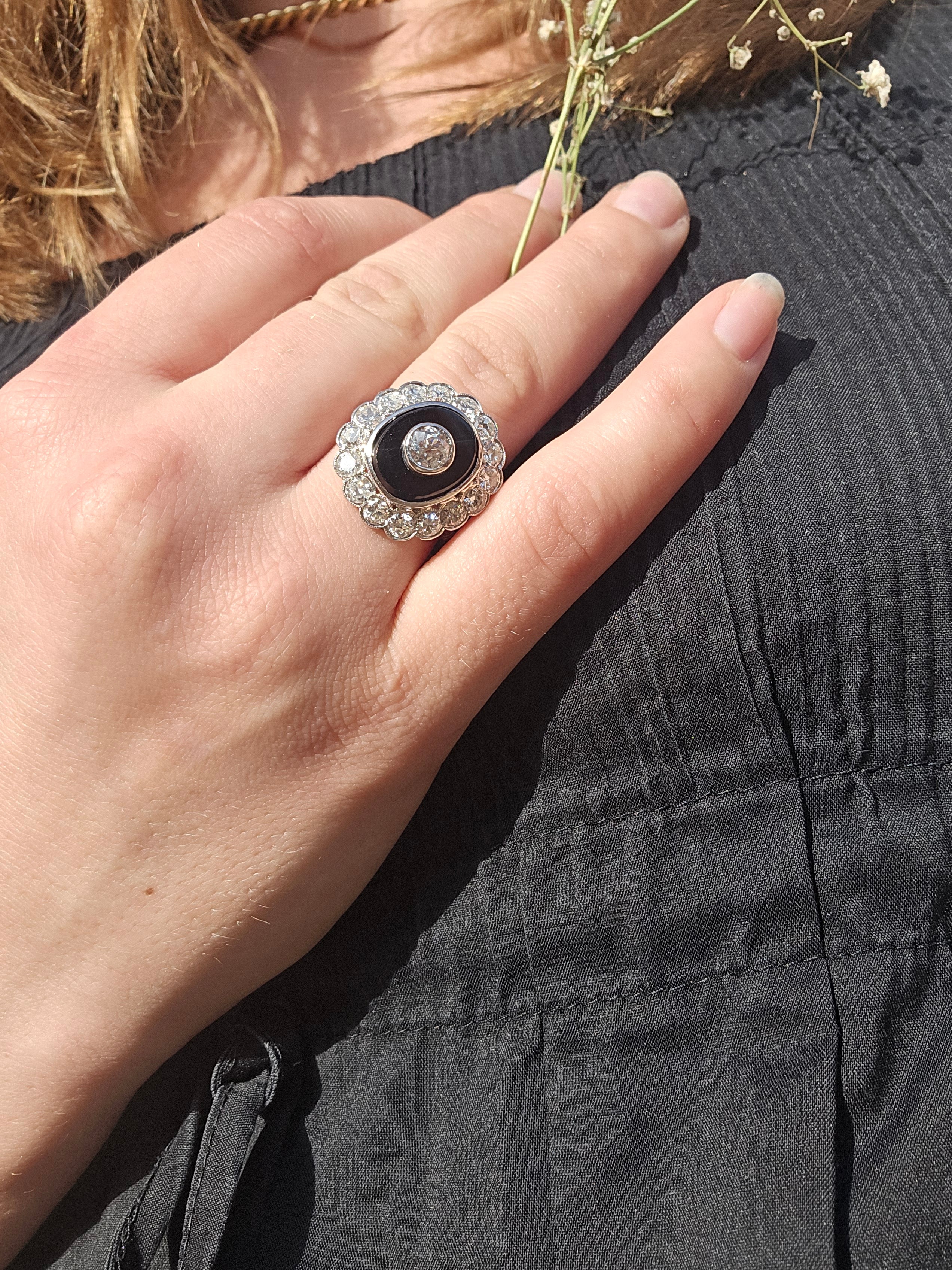 Bague en platine onyx et diamants taille ancienne 1,7 carat – bague Art Déco