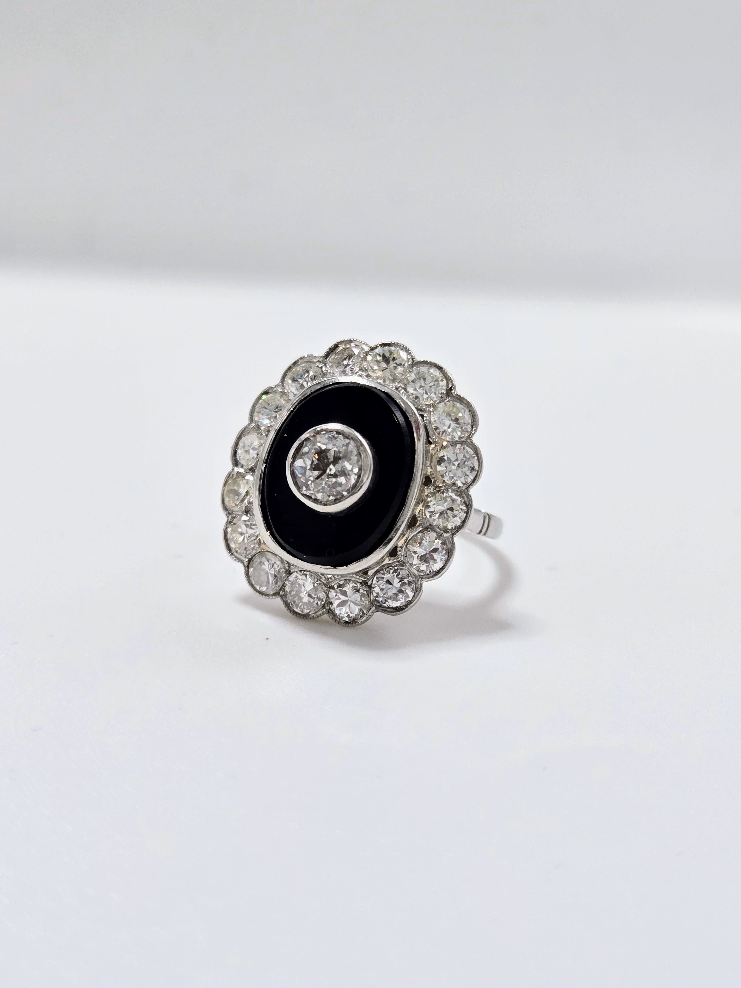 Bague en platine onyx et diamants taille ancienne 1,7 carat – bague Art Déco