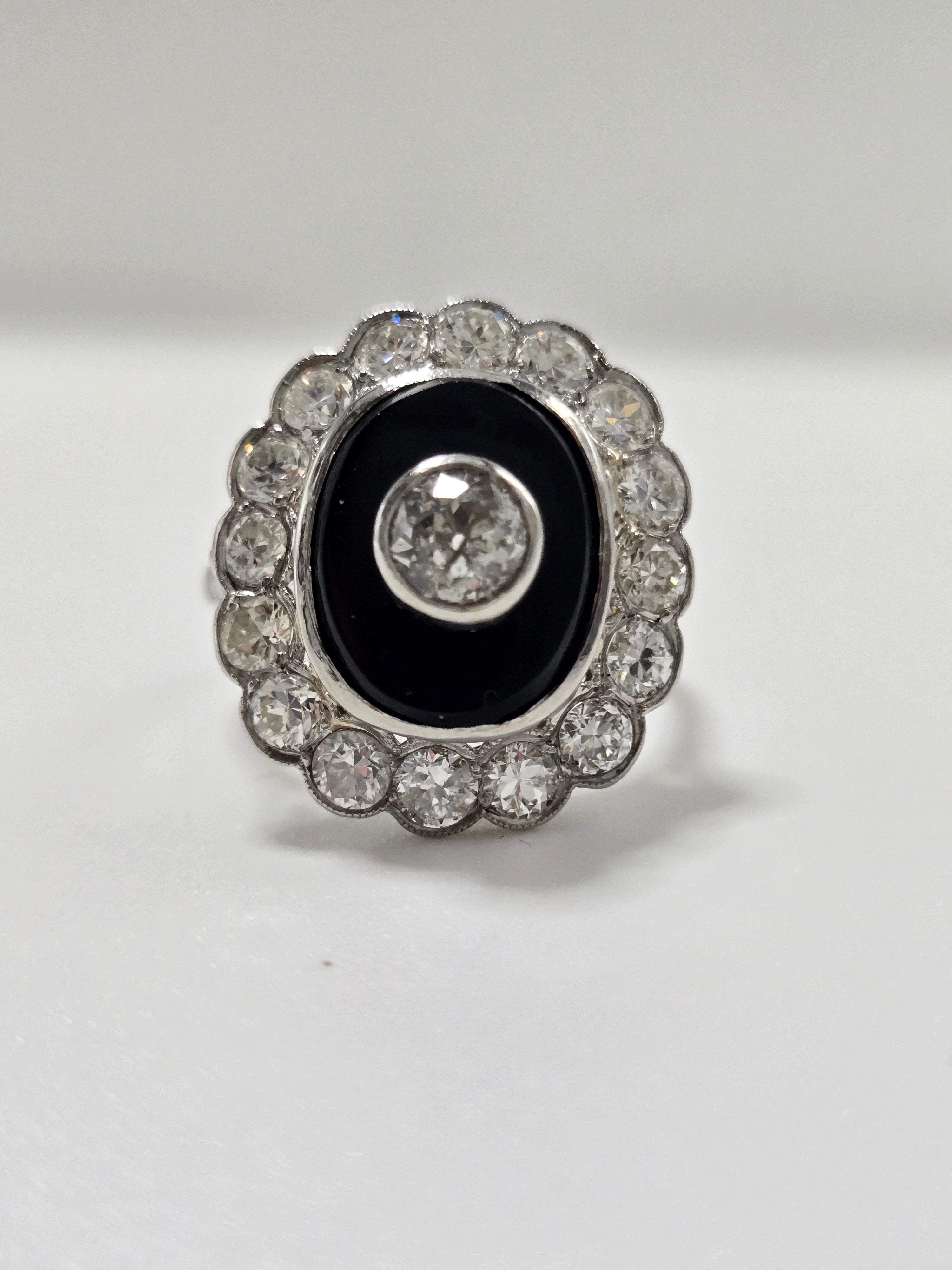 Bague en platine onyx et diamants taille ancienne 1,7 carat – bague Art Déco