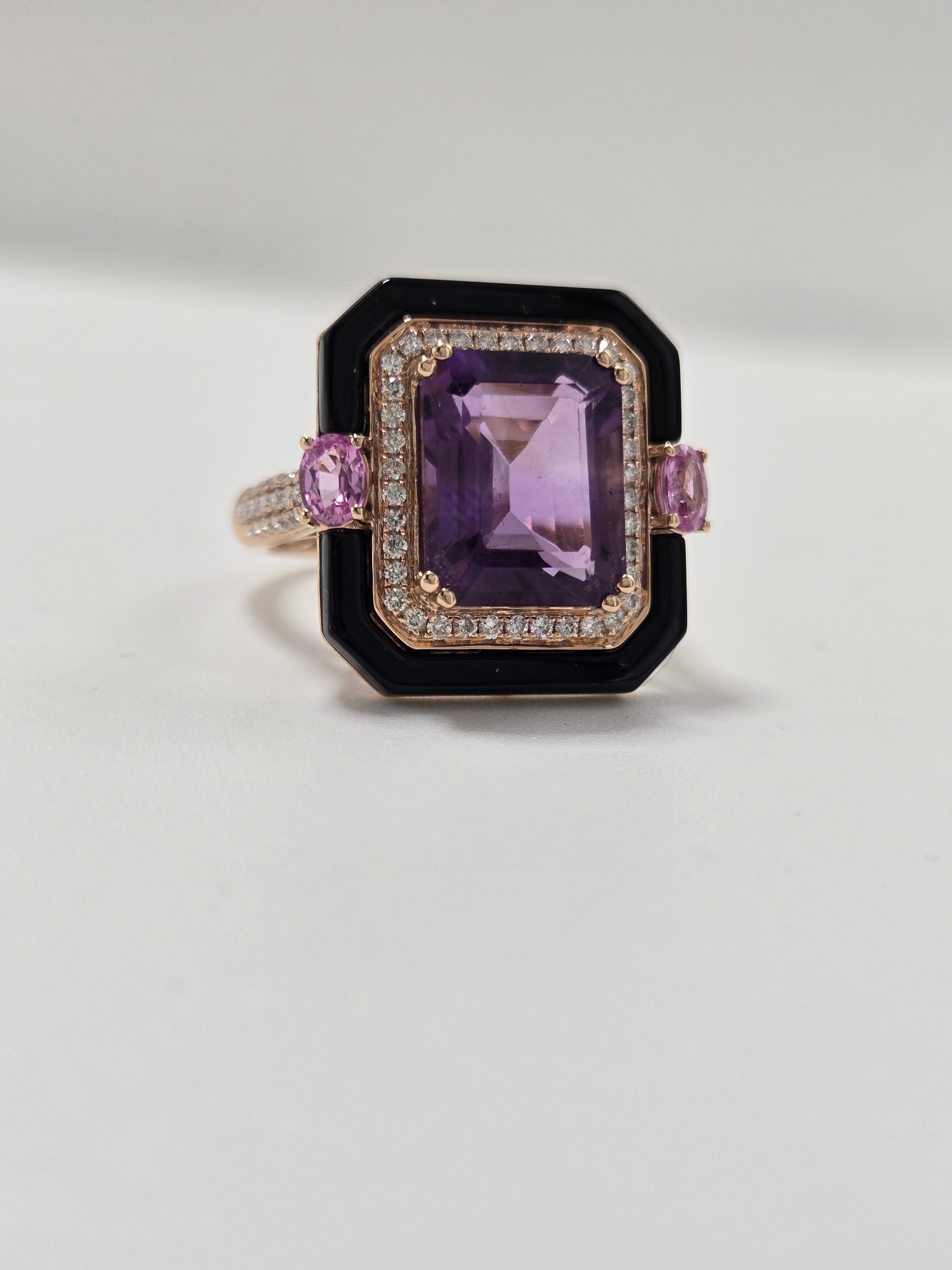 Bague en or rose 18k, améthyste 4,5 ct, onyx, saphirs roses et diamants