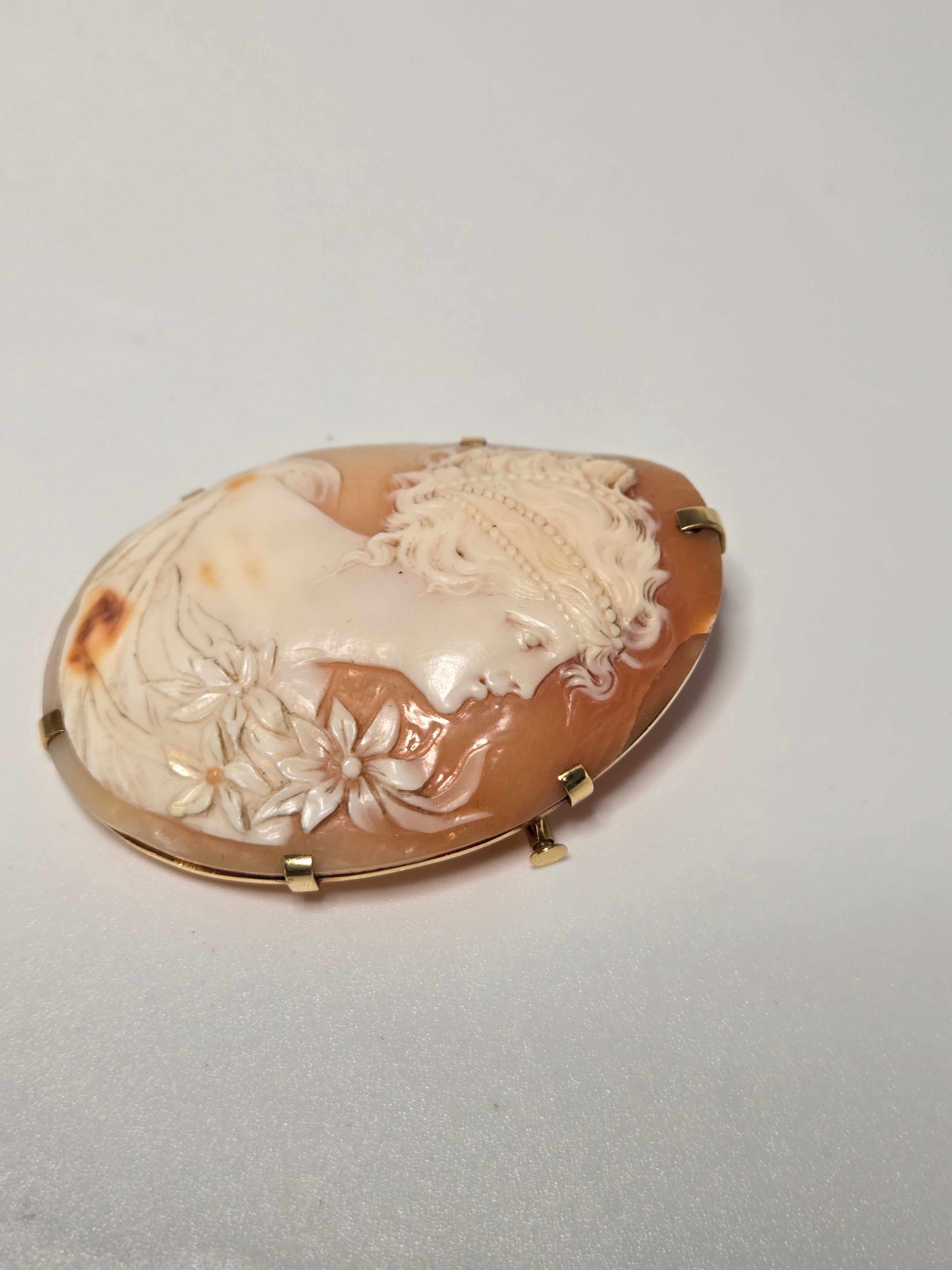 Grand camée sur coquillage monté en broche or